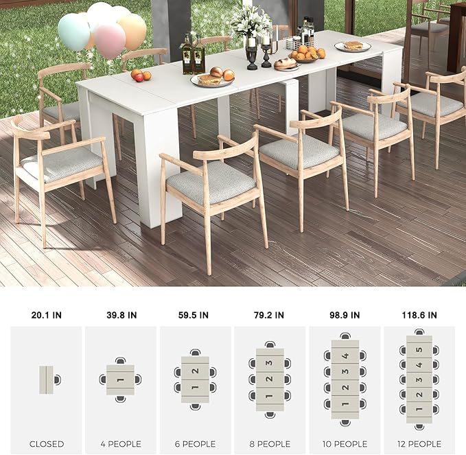 Transformer Table, Expandable Dining Table for 10-12 People, Folding Console Table Space Saving Furniture for Small Apartments, White