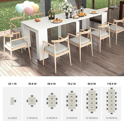 Transformer Table, Expandable Dining Table for 10-12 People, Folding Console Table Space Saving Furniture for Small Apartments, White