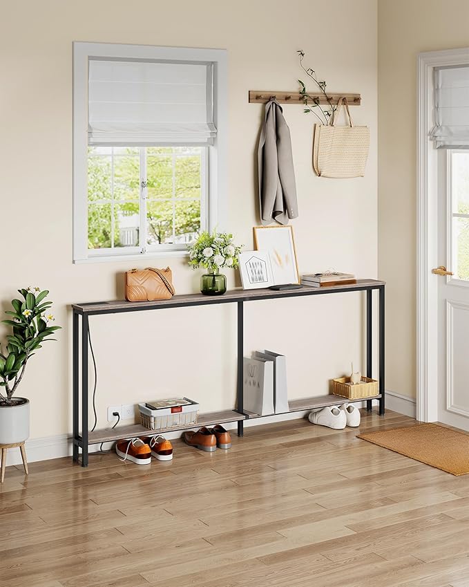 78.7" Narrow Console Table with Charging Station, Behind Couch Table with 2 AC Outlets, 1 USB and 1 Type-C Port for Hallway, Living Room, Foyer, Greige and Black TXG02UBG