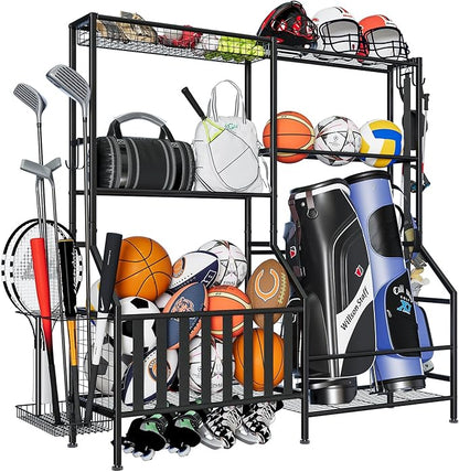 Sports Equipment Organizer, Heavy Duty Golf Bags Stand, Extra Large Ball Storage Rack for Garage, Sports Gear Storage with Basket and Hooks, Black