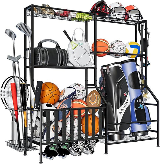 Sports Equipment Organizer, Heavy Duty Golf Bags Stand, Extra Large Ball Storage Rack for Garage, Sports Gear Storage with Basket and Hooks, Black