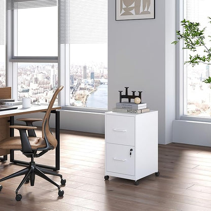 2 Drawer Mobile File Cabinet, Metal Under Desk Filing Cabinet with Lock and Wheels, Home Office Rolling File Cabinet for Legal/Letter Hanging File Folders, Un-Assembled, White