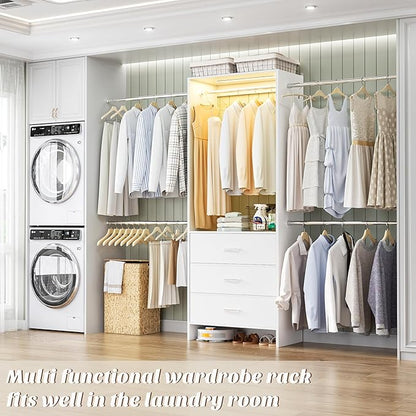 Aheaplus Closet System with Motion-Sensing Light, 3 Wooden Drawers and 4 Hanging Rods, Customizable Walk-in Closet Organizer with 3CCT LED, Heavy Duty Garment Rack for Bedroom, White