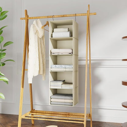 Hanging Closet Organizer, Easy Mount Foldable 5-Shelf Hanging Closet Wardrobe Storage Shelves, Clothes Handbag Shoes Accessories Storage, Washable Oxford Cloth Fabric, Beige