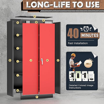 INTERGREAT Metal Lockable Storage Cabinet, 72” H Storage Cabinet with 2 Doors and 4 Adjustable Shelves for Office, Garage, Pantry (Assembly Required, Black Red)