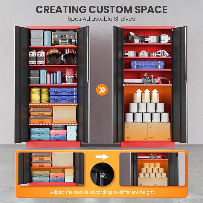 Metal Garage Storage Cabinets with Lock, 71" Tall Tool Cabinet with 2 Door and 5 Adjustable Shelves, Locking Garage Cabinets and Lockable Steel Locker for Home Office Warehouse-(Red Black-71”H)