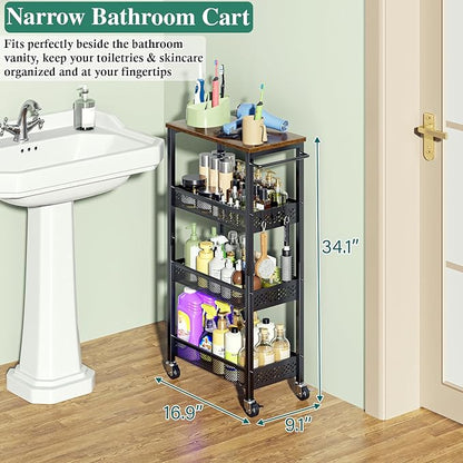 Utility Slim Storage Cart, 4-Tier Narrow Bathroom Organizer and Storage Cart, Metal Narrow Kitchen Laundry Room Organization Rack with Wood Top, Slim Rolling Shelf with Wheels for Small Space
