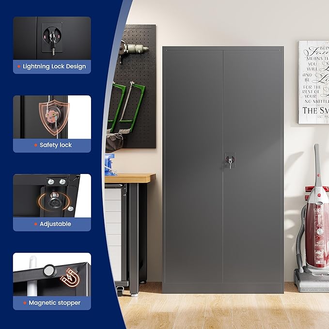 Yizosh Metal Garage Storage Cabinet with Lock Doors and 4 Shelves, -72" Steel Tool Cabinet for Garage,Heavy Duty File Cabinet for Office,School (Black)