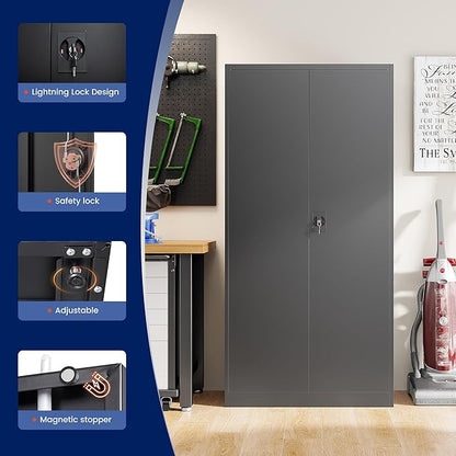 Yizosh Metal Garage Storage Cabinet with Lock Doors and 4 Shelves, -72" Steel Tool Cabinet for Garage,Heavy Duty File Cabinet for Office,School (Black)