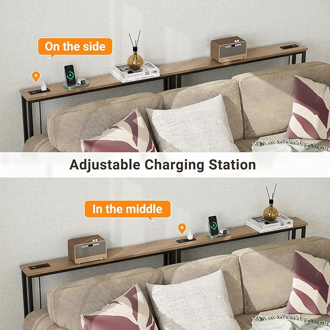 ELYKEN 2 Pack 5.9" Narrow Console Sofa Table with Power Outlets, Total 78.8” Long Behind Couch Table with Charge Station and 5.9’ Extension Cord for Living Room, 5.9" D x 78.8”W x 29.5”H, White Oak