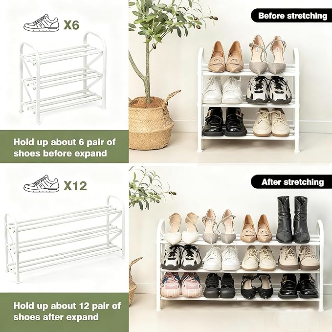 3-Tier Shoe Rack for Closet, 16"-33" Expandable ShoeRackAdjustable for Entryway Closet Doorway SturdyMetal, White