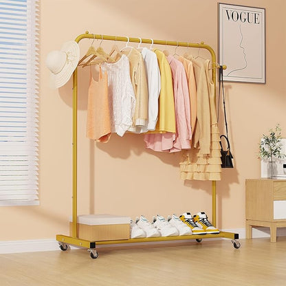 Sywhitta Clothing Rack on Wheels with Storage Shelf & Sturdy Metal Frame, Retail Clothing Rack for Hanging Clothes, Coats, Skirts,Space-Saving Mobile Organizer for Closet, Bedroom, Laundry Room, Gold