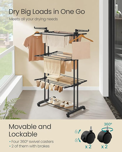 SONGMICS Clothes Drying Rack Stand 4-Tier, Foldable Laundry Drying Rack 68.1-Inch Tall, Stainless Steel, Rolling Clothes Horses Dryer Rack, Easy to Assemble, Indoor Outdoor Use, Ink Black ULLR701B01