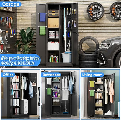 SUXXAN Broom Closet Storage Cabinet, 61.6" x 11.7" x 27.5" Metal Cleaning Cabinets with Hooks and Hanging Rods, Lockable Cabinet with Pegboard, Adjustable Shelf,for Garage, Laundry Room