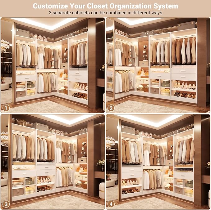 Unikito 86" Corner Closet System, Modular Closets Organizer with 4 Hanging Rods and Storage Shelves, Freestanding Adjustable Wood Clothes Garment Rack with Drawers, Sturdy Walk in Closet Tower, White