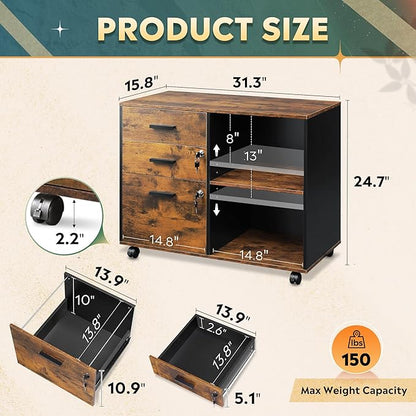 DEVAISE 3-Drawer Wood File Cabinet with Lock, Mobile Lateral Filing Cabinet, Printer Stand with Open Storage Shelves for Home Office, Rustic Brown