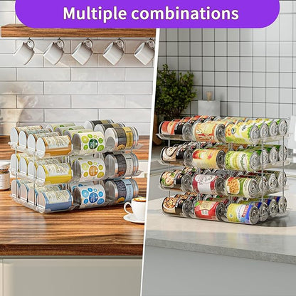 Can Organizer for Pantry, Upgraded Thickened Modular 4 Tier Combinable Can Storage and Beverage Dispenser Rack, Canned Food Organizer Holds 48 Cans, Clear Can Holders for Pantry and FridgeFridge