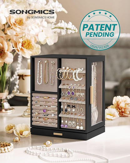 SONGMICS Jewelry Box 360°Rotating, Jewelry Storage Case with 5 Drawers, Jewelry Organizer, Glass Window, Spacious, Vertical Jewelry Storage, Open Design, Great Gift, Graphite Black UJBC170B01