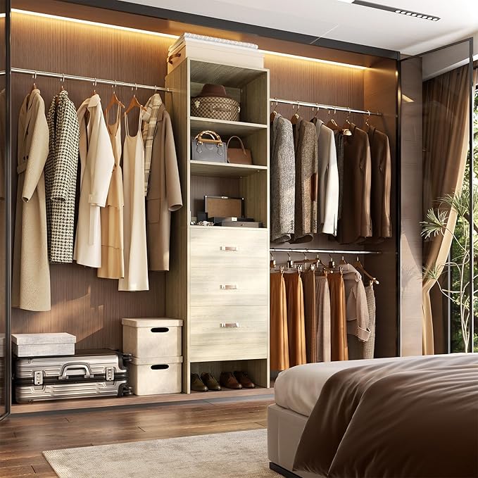 96'' Closet Organizer System with 3 Hanging Rods, 8FT Closet Organizers and Storage with 3 Wooden Drawers, Built in Closet Organizer Systems, Adjustable Walk-in Wardrobe from 2-8FT, Light Oak