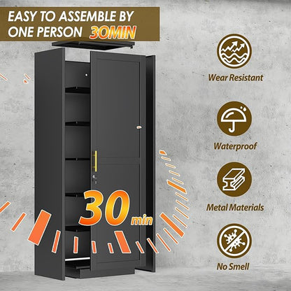 67" Metal Storage Cabinet with Lock, Tall Narrow Office File Cabinets with 5 Adjustable Shelves, Metal Steel Locker for Home, School, Office, Garage or Gym (Black)