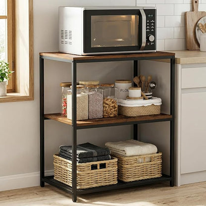 Kitchen Island with 3 Shelves, Kitchen Shelf with Large Workstation, Bakers Rack, Workbench, Metal Frame, Rustic Brown and Black