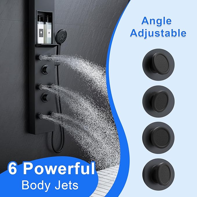POPFLY Shower Panel Tower System Adjustable Shower Arm Height Rainfall Head System Stainless Steel Shower Panel with Shelf and 6 Body Massage Jets, Bathroom Black Shower Column Panel