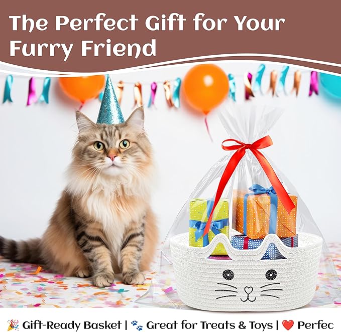 Small Woven Cat Gifts Basket for Storage Empty Cat Toy Bins Organizer with Ribbons and Bags Durable Cute Pet Gifts 12"X 8" X 5" Small Rope Basket for Gifting