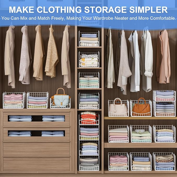 4-Tier Stackable Closet Organizers and Storage Shelves, Foldable & Mutifunctional Clothes Storage Basket Sweater Organizer Bins Container for Wardrobe Kitchen Office Bathroom, White
