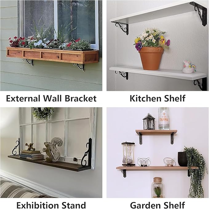 HOME MASTER HARDWARE Decorative Shelf Brackets 8 inch, Black Shelf Bracket, Heavy Duty Metal Shelf Brackets & Supports, 2 Pack Rustic Iron L Shape Corner Brace Shelving Brackets with Screws