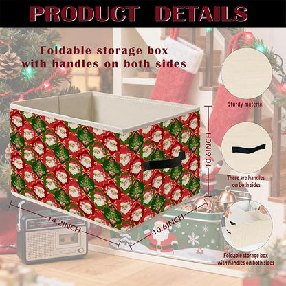 Coquette Red and Green Christmas Storage Bin Box with Handles, Vintage Holiday Red Bow Santa Christmas Tree Foldable Organizer Basket Toybox for Girls Room Bedroom Bathroom Clothes Toys Books