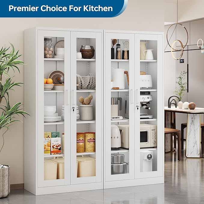 Display Cabinet with Glass Doors, 71 Inches Metal Display Case with 4 Adjustable Shelves, Curio Storage Cabinet with Lock for Home, Office, Book, Pantry, Assemble Required (White)
