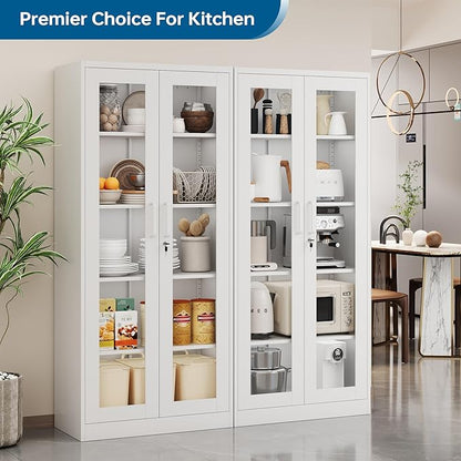 Display Cabinet with Glass Doors, 71 Inches Metal Display Case with 4 Adjustable Shelves, Curio Storage Cabinet with Lock for Home, Office, Book, Pantry, Assemble Required (White)