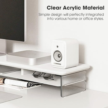 Fenge Acrylic Monitor Stand Riser, 42.5 Inches Dual Monitor Stand with Metal Storage, 2 Tier Acrylic Computer Riser for Desk, Clear Laptop Stand for PC, Laptop, Printer, TV, White