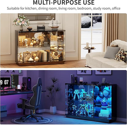 HNEBC Lockable Display Curio Cabinet with Glass Door,47.2" W Glass Display Cabinet with 3 Color Lights for Collectibles,5-Tier Lighted Display Case with Human Sensor,Living Room,Black