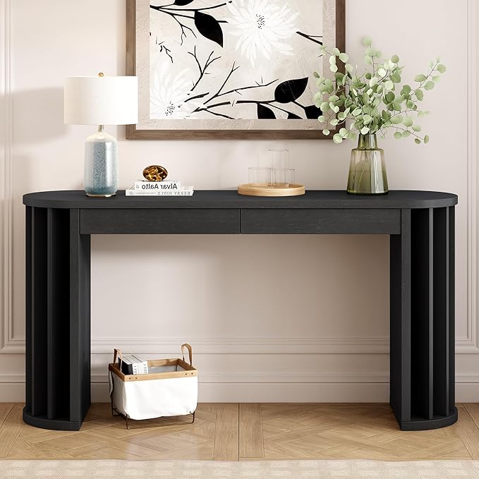 59-inch Long Console Table, Oak Veneer Sofa Table, Curved and Straight Line Design Couch, Farmhouse Entryway Table with Spacious Drawers for Entrance, Hallway, Living Room (Black-J49)