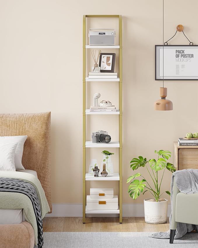 Bookshelf Bookcase Narrow Bookcase Shelf Organizer with Steel Frame for Study Living Room Bedroom Kitchen Home Office Industrial Bookshelf 6-Tier White Gold BC56013A
