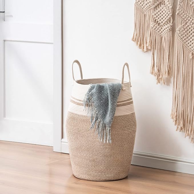 Cotton Rope Laundry Hamper by YOUDENOVA, 105L - Woven Collapsible Laundry Basket - Clothes Storage Basket for Blankets organizing, Bedroom Storage, Clothes Hamper – Brown