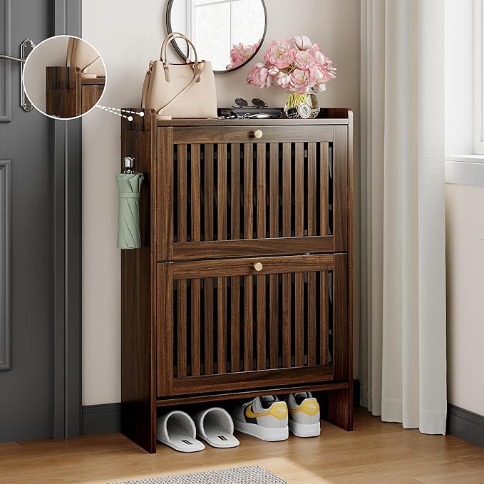 wanan 24" Shoe Cabinet with 2 Flip Slatted Drawers, Adjustable & Removable Panels, Narrow Shoe Cabinet Storage for Entryway, Hallway, Shoe Rack Organizer Cabinet, Walnut