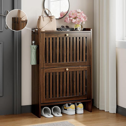 wanan 24" Shoe Cabinet with 2 Flip Slatted Drawers, Adjustable & Removable Panels, Narrow Shoe Cabinet Storage for Entryway, Hallway, Shoe Rack Organizer Cabinet, Walnut