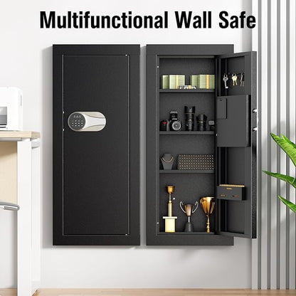 Greenvelly Wall Gun Safe, Hidden Wall Safe with Digital Keypad & Backup Keys, 33" Tall Metal Security Cabinet with Removable Shelves & Alarm System for Firearms, Cash, Jewelry, Documents