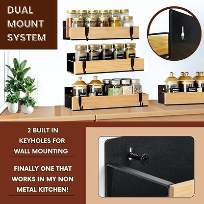 (4 Pack) Magnetic Spice Storage Rack Organizer for Refrigerator and Oven, 4 Strong Magnetic Shelf, Black Fridge Storage, Spice Rack Organizer, Metal-Bamboo