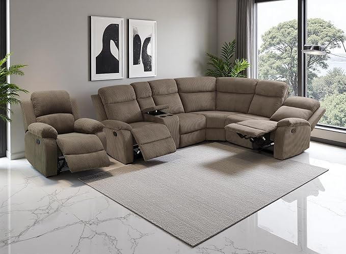 Recliner Sectional Sofa Set with Cup Holder, Living Room Furniture, Corduroy Manual Reclining Sectional Corner Sofa Set and Recliner Chair with Drop-down Table, Storage Console for Living Room