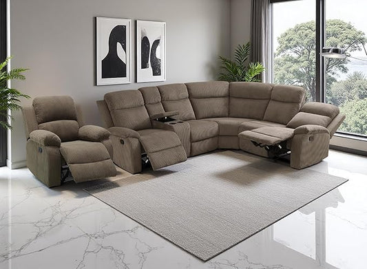 Recliner Sectional Sofa Set with Cup Holder, Living Room Furniture, Corduroy Manual Reclining Sectional Corner Sofa Set and Recliner Chair with Drop-down Table, Storage Console for Living Room