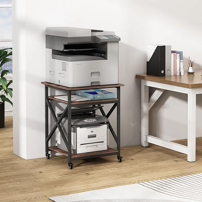 23.6 x 23.6 Inches Large Printer Stand, 3 Tier Square Printer Table with Height Adjustable Storage Shelf, Rolling Printer Cart with Industrial Wheels for Home Office - Rustic Brown