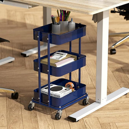 Simple Houseware 3-Tier Compact Utility Rolling Cart, Low 24” Height Fits Under Desk, Space-Saving Storage for Home Office, Dining Room, or Kitchen, Navy
