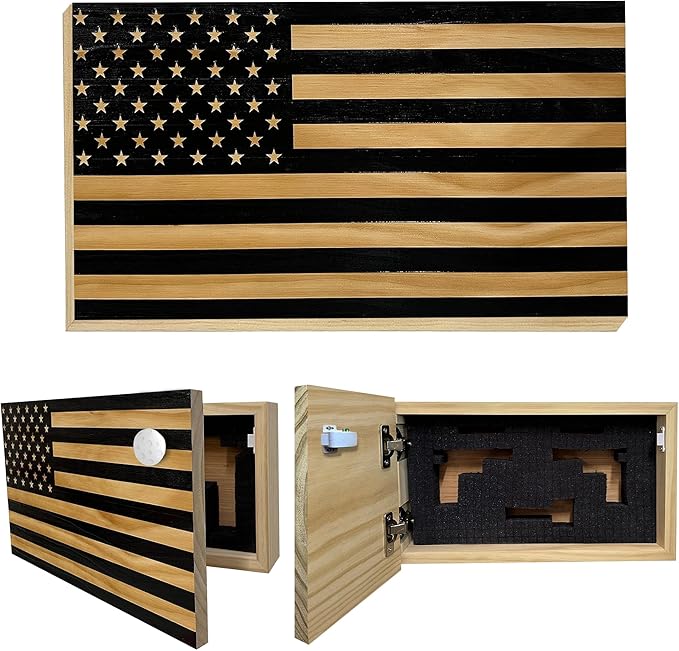American Flag Hidden Gun Safe - Quick Access Hidden Gun Shelf - Concealment Shelf with Magnetic Lock - Wall Gun Safe for Secure Firearm Storage - Handcrafted In USA by Bellewood Designs (Black)