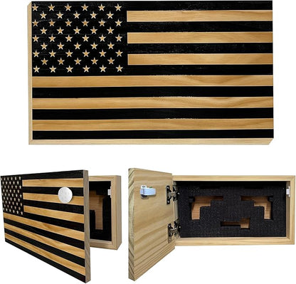 American Flag Hidden Gun Safe - Quick Access Hidden Gun Shelf - Concealment Shelf with Magnetic Lock - Wall Gun Safe for Secure Firearm Storage - Handcrafted In USA by Bellewood Designs (Black)