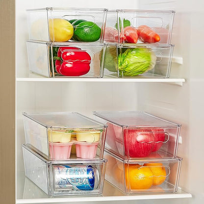 Vtopmart 2pcs Clear Organizers and Storage Bins with Lids, Stackable Plastic Storage Containers with Handles for Fridge, Freezer, Pantry, Cabinet, Kitchen Organization