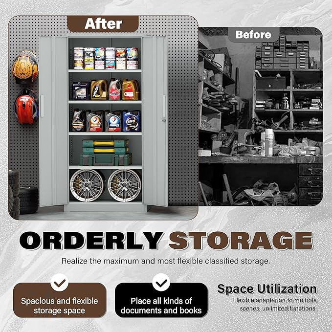 Metal Garage Storage Cabinet, 72” Lockable File Cabinets with 2 Doors and 4 Adjustable Shelves, Steel Tool Cabinets with Lock for Office, Home, Garage, Warm Grey