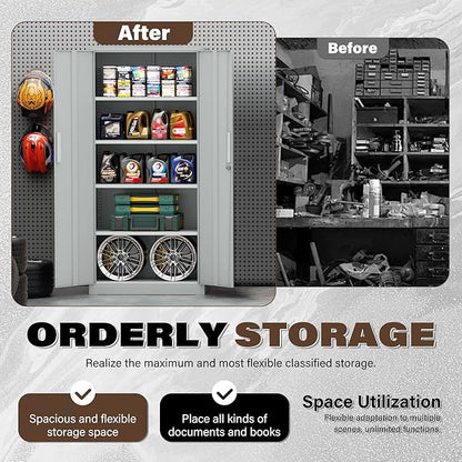 Metal Garage Storage Cabinet, 72” Lockable File Cabinets with 2 Doors and 4 Adjustable Shelves, Steel Tool Cabinets with Lock for Office, Home, Garage, Warm Grey